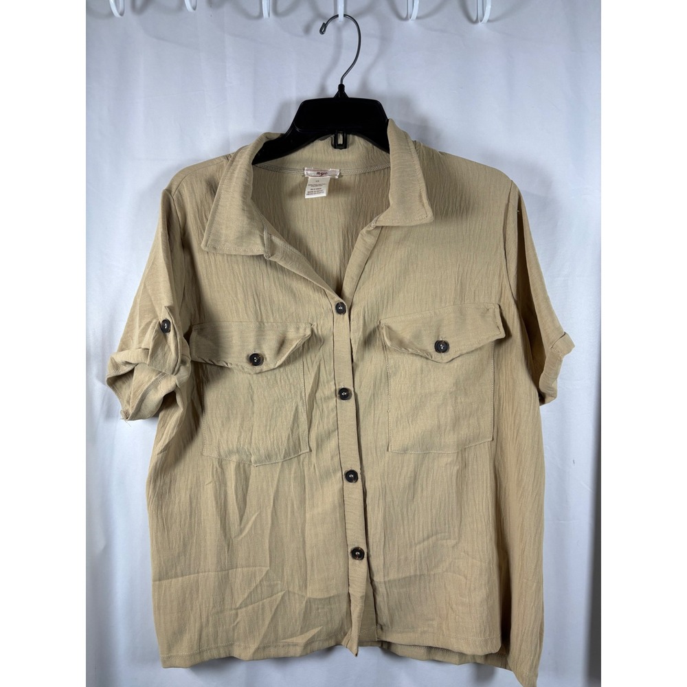 NYC Womens Plus 1X Tan Crinkle‎ Button Down Short Sleeve Roll Tab Utility Shirt